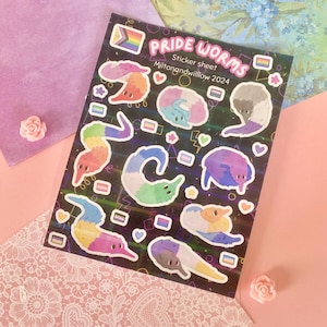 Feuille d'autocollants Pride Worms - Ver holographique arc-en-ciel sur une ficelle Autocollants LGBTQ+ Drapeau de la fierté