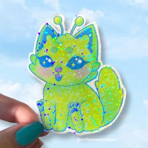 Sticker chat extraterrestre - Sticker scintillant arc-en-ciel holographique Alien Gleeby Gnarp Gnarp chaton vert et bleu