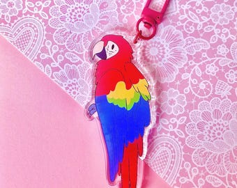 Scarlet Macaw Keychain: Double Sided Acrylic Parrot with Red Clasp
