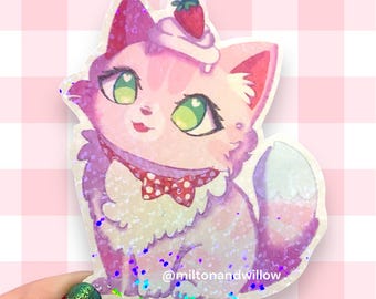 Holographic Strawberry Cat Sticker: Pink Tabby with Bowtie