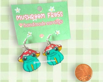 Cottagecore Mushroom Frog Handpainted Earrings