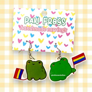 Pansexual Frog Earrings - Handmade Frogs Holding Pan Pride Flags Earrings