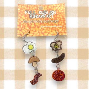 Bluebubble All Day Breakfast Earrings – Funky Resin Dangle Earrings, Fry Up Food Theme, Silver Hooks