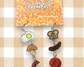 Handbemalte Mismatched Full English Frühstück Ohrringe: Essen Schmuck