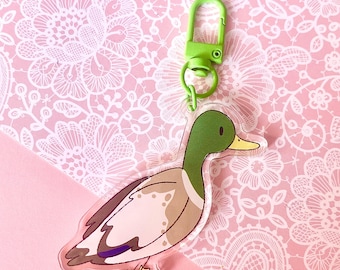 Mallard Duck Keychain- Kawaii Cute Mallard Duck Illustration Acrylic Keychain Keyring With Green Clasp