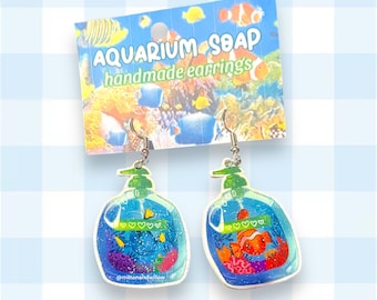 Aquarium Soap Earrings- Mismatched Frutiger Aero Clownfish and Blue Tang Glitter Dangle Earrings