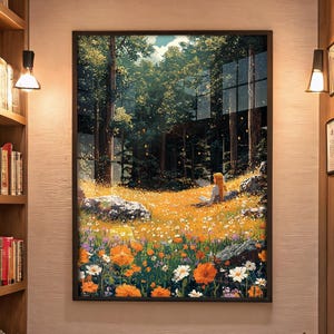 16-Bit Forest Pixel Art Print- Girl Reading in Wildflower Meadow - Video Game Aesthetic Wall Print