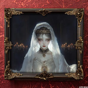 May include: A framed portrait of a woman in a white veil and gown, adorned with a gold crown and necklace. The dark-haired woman has pale skin and is set against a dark background with lit candles. The ornate frame is gold.
