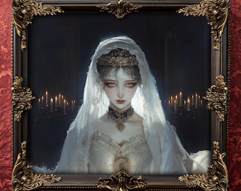 May include: A framed portrait of a person wearing a white lace veil, a dark ornate tiara, and a matching dark choker necklace. The person is dressed in a white lace garment. The frame is dark with gold filigree accents at the corners and edges.