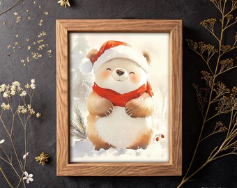 Christmas Baby Bear Nursery Wall Art Printable Cute Baby Animal Illustration Kids Room Decor Holiday Print Winter Baby Room Digital Download
