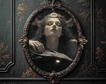 May include: An oval wall mirror with an ornate dark bronze frame featuring intricate carvings. The mirror reflects a portrait of a person with long dark hair, a golden headpiece, and closed eyes, resting a hand on a dark textured surface.