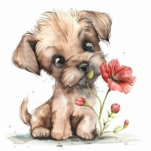 15 süße Baby Hunde mit einer Blume Aquarell Clipart, hochwertige JPG, druckbare Clipart, digitaler Download, kommerzielle Nutzung, Scrapbooking