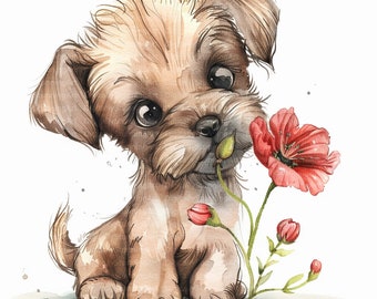 15 Cute Baby Dogs With A Flower Watercolor Clipart, High Quality JPG, Printable clipart, Digital download, Commercial Use, Scrapbooking