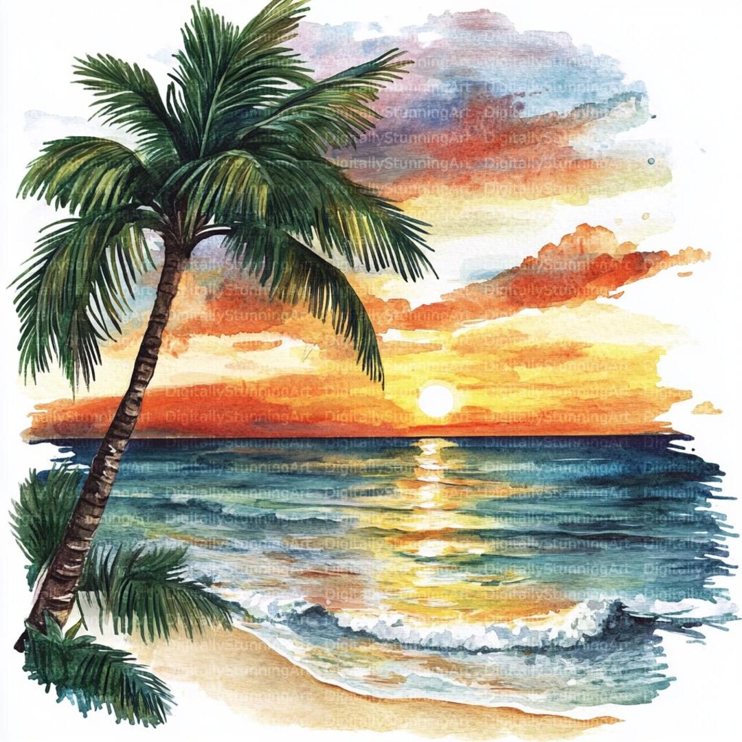 Watercolor Sunset Beach Clipart: Tropical Scenery (digital Download) - Etsy