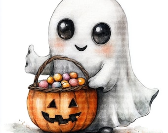 Clipart de acuarela de fantasma espeluznante, arte de calabaza de Halloween (descarga digital)