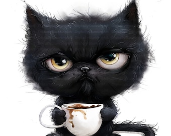 Grumpy Black Cat Watercolor Clipart, Kitten Art (Digital Download