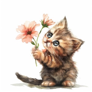 15 schattige kittens met een bloem clipart, aquarel clipart, baby kittens, hoge kwaliteit JPG, afdrukbare clipart, commercieel gebruik, scrapbooking