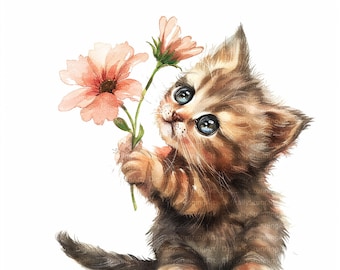 15 Cute Kittens With A Flower Clipart, Watercolor Clipart, Baby Kittens, High Quality JPG, Printable clipart, Commercial Use, Scrapbooking