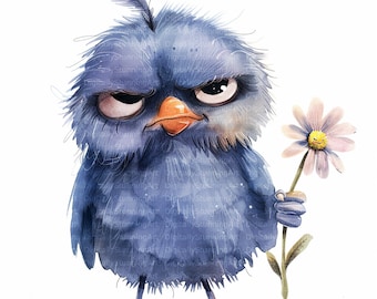 15 Grumpy Birds Watercolor Clipart, Fluffy Cute Birds, Commercial Use, High Quality JPG, Printable clipart, Digital download, Scrapbooking