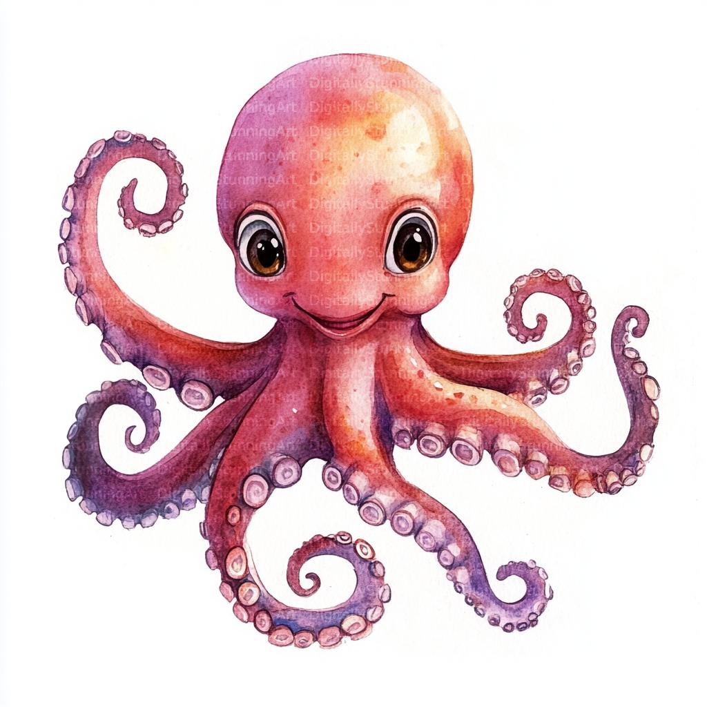 15 Cute Baby Octopuses, Watercolor Clipart, High Quality JPG, Printable clipart, Digital download, Commercial Use, Scrapbooking, Digital Art