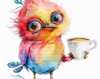 Whimsical Birds Watercolor Clipart, Commercial Use (Digital Download)