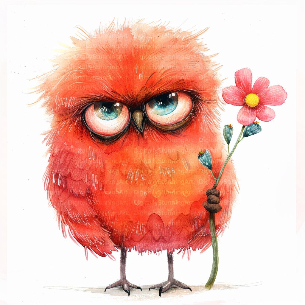 Grumpy Bird Watercolor Clipart, Fluffy JPG (digital Download - Etsy