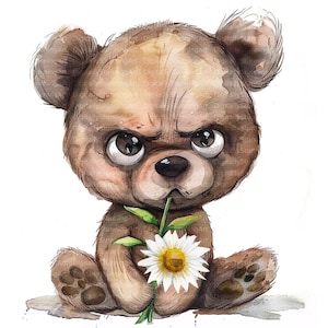 Puede incluir: Una ilustración de acuarela de un oso de peluche marrón sosteniendo una margarita blanca con un centro amarillo. El oso tiene una expresión seria y está mirando directamente al espectador.