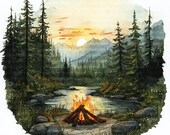 Campfire Sceneries Watercolor Clipart: Commercial Use (Digital Download)