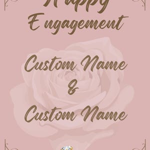 May include: A pink engagement announcement card with gold accents. The card features the words "Happy Engagement" and space for custom names. Two gold rings with a diamond are at the bottom.