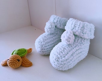 Hand knitted baby blue socks, booties