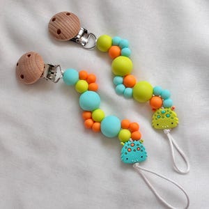 Silicone Pacifier Clip | Green Monster | Blue | Wavy Pacifier Clip | Colorful Silicone Beads | Wooden Clip | Baby Gift