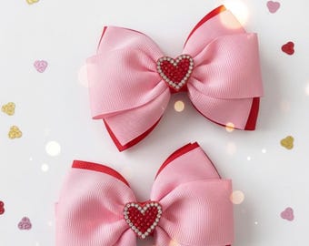 Valentine's Day Hair Bows for Girls Handmade Heart Bow Set Red Pink Fuchsia Love & Friendship Limited Edition