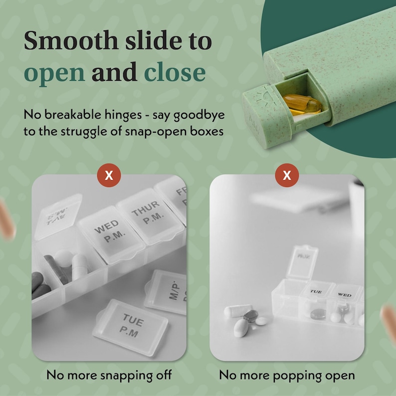 May include: A light green pill organizer with a sliding mechanism, open to reveal a compartment with pills. The text reads "Smooth slide to open and close" and "No breakable hinges - say goodbye to the struggle of snap-open boxes."