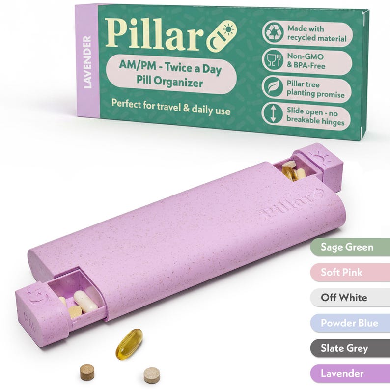 Pillar AM/PM - Twice a Day - 7-Day Pill Organiser - Biodegradable Wheat Straw Weekly Pill Box Lavender