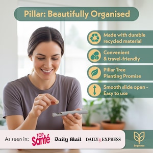 May include: A woman holding a gray device and a small, round object. The image includes text that reads "Pillar: Beautifully Organised" and mentions "Made with durable recycled material" and "Smooth slide open - Easy to use."
