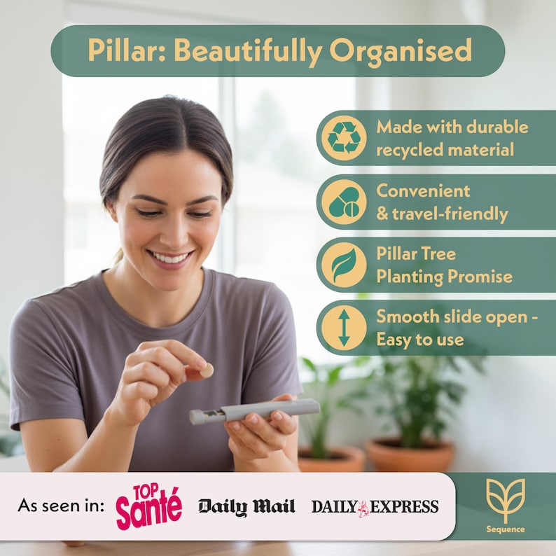 May include: A woman holding a gray device and a small, round object. The image includes text that reads "Pillar: Beautifully Organised" and mentions "Made with durable recycled material" and "Smooth slide open - Easy to use."