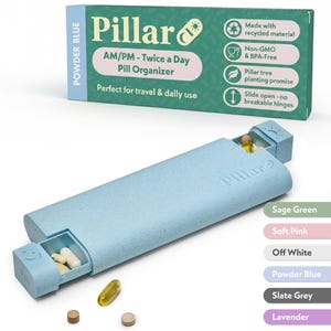 Pillar AM/PM - Twice a Day - 7-Day Pill Organiser - Biodegradable Wheat Straw Weekly Pill Box Blue