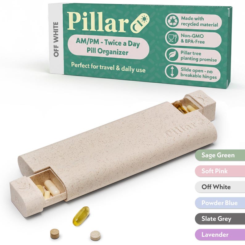 Pillar AM/PM - Twice a Day - 7-Day Pill Organiser - Biodegradable Wheat Straw Weekly Pill Box White
