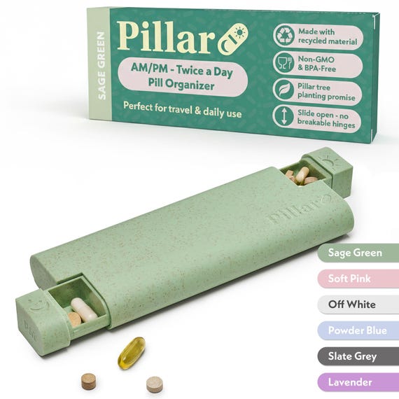 Pillar AM/PM - Twice a Day - 7-Day Pill Organiser - Biodegradable Wheat Straw Weekly Pill Box