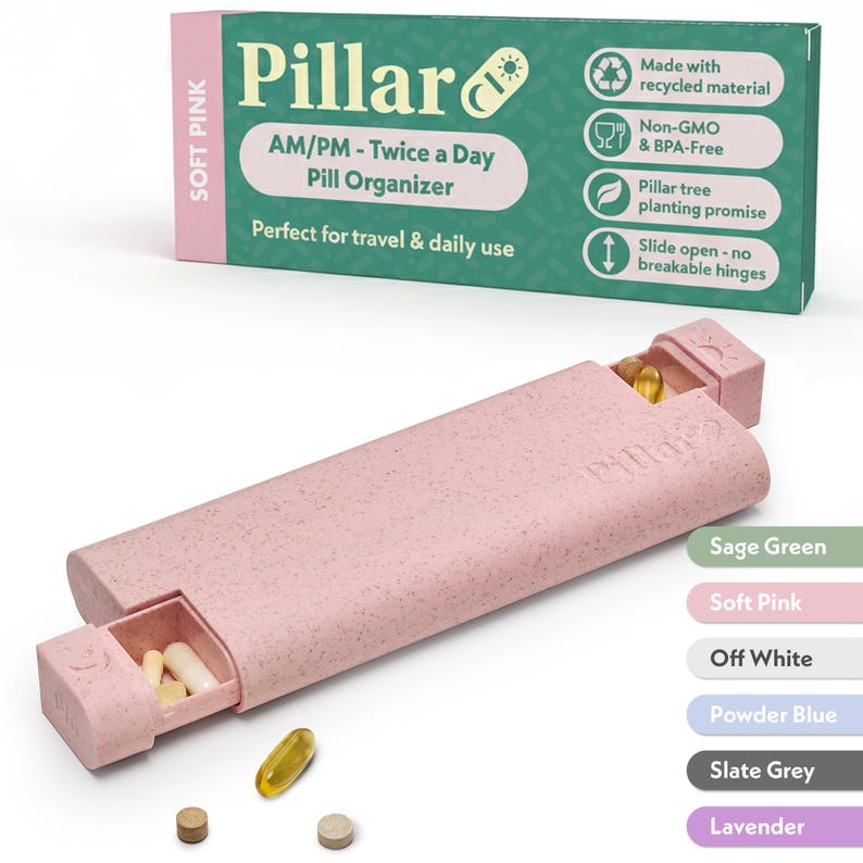 Pillar AM/PM - Twice a Day - 7-Day Pill Organiser - Biodegradable Wheat Straw Weekly Pill Box Pink