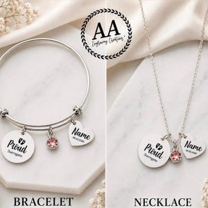 Surrogate Gift: Engraved Stainless Steel Bangle Bracelet or Necklace with Birthstone