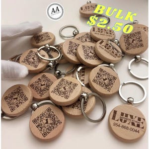 Company Logo Double Sided Wooden Keychain: Custom QR Code, Bulk Available 2.50 each!