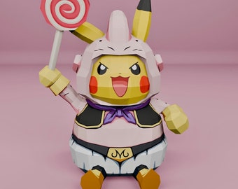 Pikachu Majin Boo Papercraft, PDF, PDO, DXF format, digital template, 3D, paper, origami, pepakura