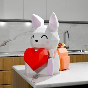 Heart Rabbit with Backpack Papercraft, Pdf, DXF format, digital template, 3D, paper, origami, pepakura