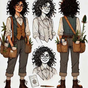 May include: A woman with curly brown hair wearing a brown vest over a white button-down shirt, blue pants, and brown boots. She is carrying a satchel with various tools and plants. The image also includes close-up sketches of the woman's face and a book with the text "Flora Britannica".