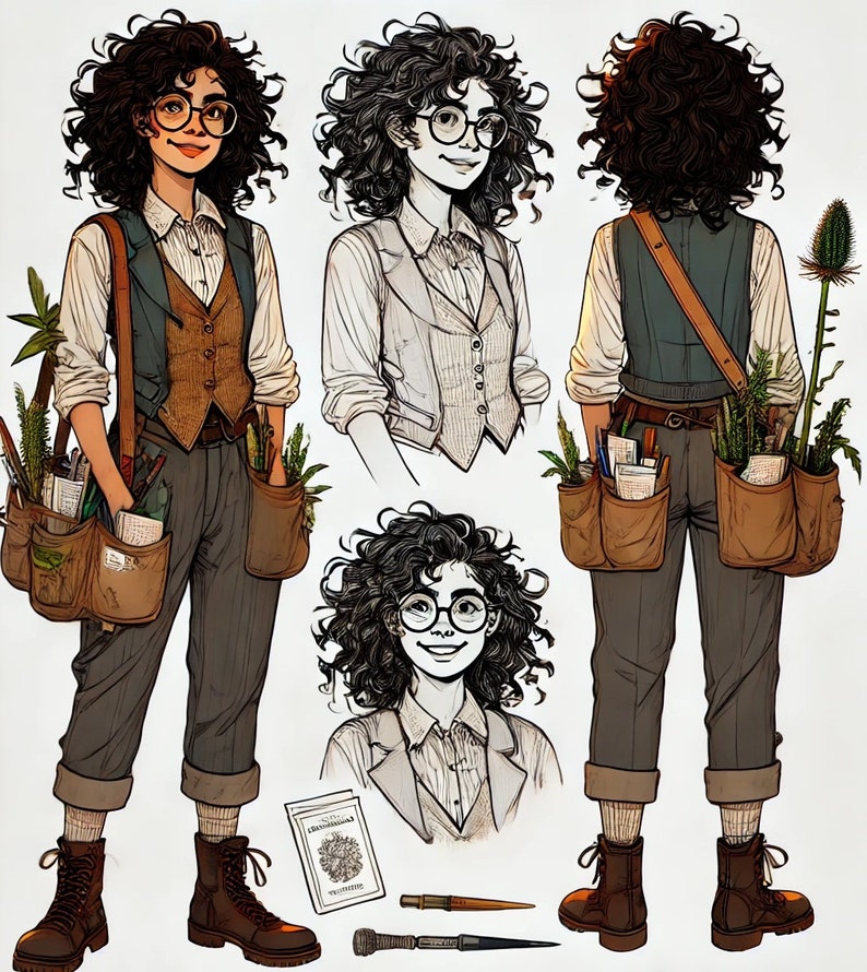 May include: A woman with curly brown hair wearing a brown vest over a white button-down shirt, blue pants, and brown boots. She is carrying a satchel with various tools and plants. The image also includes close-up sketches of the woman's face and a book with the text "Flora Britannica".