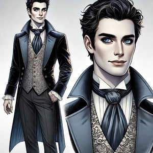 May include: A man in a black suit with a white shirt and a patterned vest. He has dark hair and blue eyes. The suit is a classic style with a double-breasted jacket and a high collar.