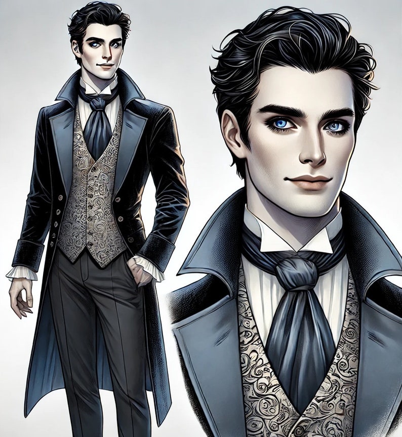 May include: A man in a black suit with a white shirt and a patterned vest. He has dark hair and blue eyes. The suit is a classic style with a double-breasted jacket and a high collar.