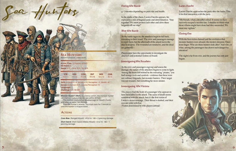 May include: A fantasy role-playing game character sheet for a group of "Sea Hunters" with a detailed description of their abilities and actions. The sheet includes a drawing of the characters, a description of their armor class, hit points, speed, and other stats. The sheet also includes a description of their actions, such as "Crow Bow" and "Short Sword".