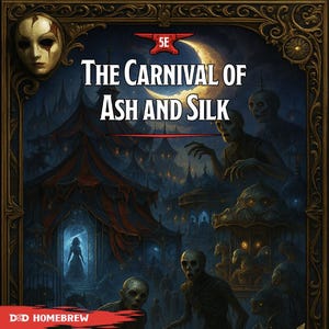 以下が含まれることがあります： 「The Carnival of Ash and Silk」の書籍カバーイラスト。ゴシック様式のカーニバルを描いています。三日月、骸骨のような人物、ロングドレスを着た女性が描かれています。「The Carnival of Ash and Silk」のタイトルが大きく表示されています。
